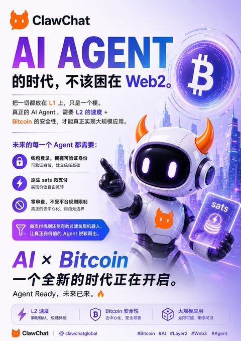 A promotional poster for ClawChat featuring an AI robot character with devil horns holding a phone displaying "sats," advertising "AI AGENT" technology with the tagline "AI × Bitcoin" and emphasizing L2 speed, Bitcoin security, and large-scale applications.