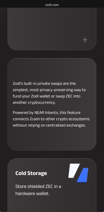 A mobile screenshot from zodi.com explaining Zodi's private swaps and 'Cold Storage' options for shielded ZEC.