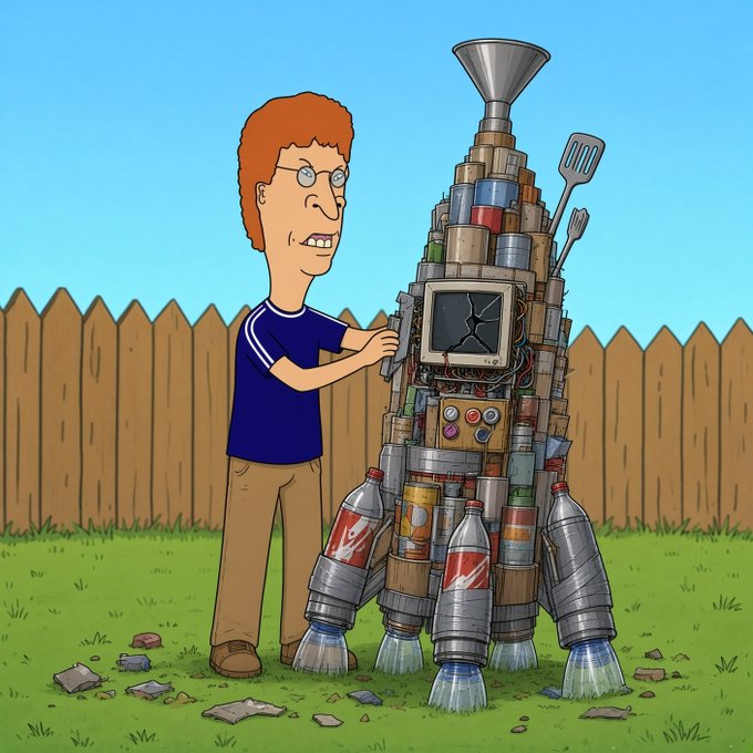 A cartoon illustration of a boy with glasses standing in a backyard next to a tall rocket-like contraption built from various recycled materials, cans, electronics, and cooking utensils.
