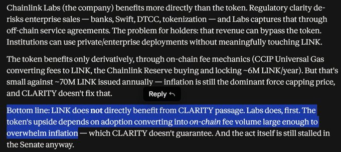 The image is a comment arguing that Chainlink Labs benefits more than the LINK token, noting that ~70M LINK are issued annually causing inflation, and that regulatory clarity (CLARITY Act) doesn't guarantee token upside since institutions can use off-chain deployments. This supports the post's claim that the token is unnecessary, as the image highlights that Labs captures revenue through off-chain agreements while on-chain token value remains capped by inflationary token emissions.