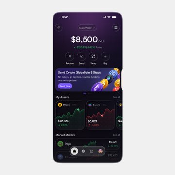 A mobile app interface for a crypto wallet called 'Main Water' showing a balance of $8,500.00, along with assets like Bitcoin and Solana.