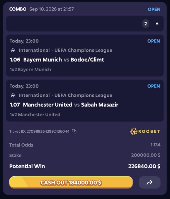 The image shows a Roobet betting slip for a 2-leg combo bet on UEFA Champions League matches (Bayern Munich and Manchester United at odds of 1.06 and 1.07 respectively) with a $200,000 stake yielding a potential win of $226,840 and a cash-out option of $184,000. The post's reference to "$26,840" appears to be the difference between the potential win and the cash-out value, which the user jokingly offers to give away.