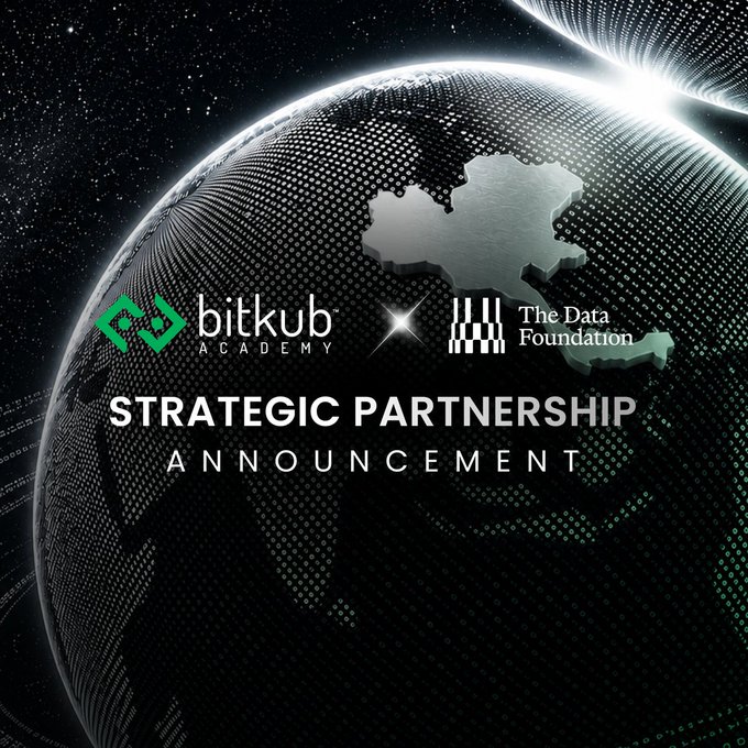 A graphic featuring a digital globe displays a 'STRATEGIC PARTNERSHIP ANNOUNCEMENT' between Bitkub Academy and The Data Foundation, with logos prominently shown.