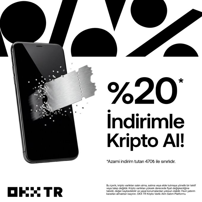 A promotional ad by OKX TR featuring a black smartphone and razor blade graphic, announcing a "20% İndirimle Kripto Al!" (Buy Crypto with 20% Discount) offer for new users completing their first trade, with the discount capped at 470 TL.