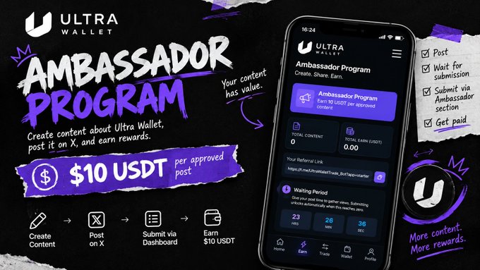 An advertisement for the Ultra Wallet Ambassador Program, offering $10 USDT per approved post for creating content about the wallet on X.