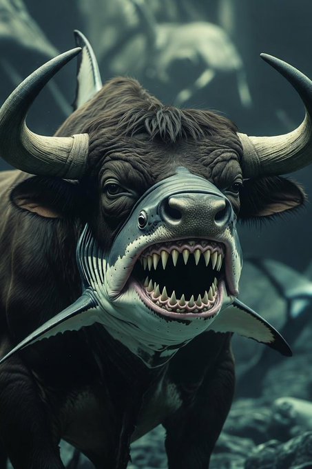 A surreal digital artwork shows a horned bull-like creature with a shark's mouth full of sharp teeth in place of its lower jaw, set in a dark atmospheric environment.