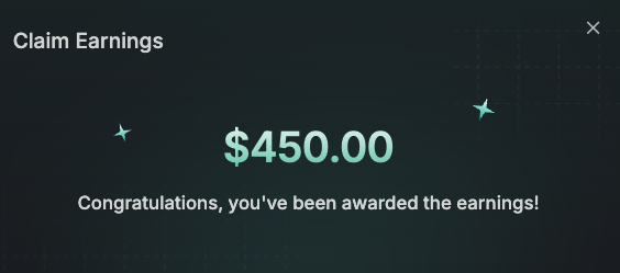 A "Claim Earnings" pop-up displays a $450.00 reward with the message "Congratulations, you've been awarded the earnings!" which corresponds to the post highlighting the strong referral reward ratio on Kalshi.