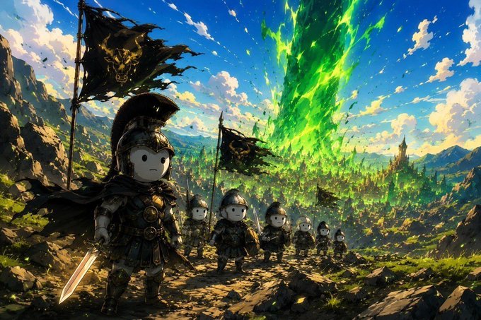 A line of small, helmeted warrior figurines with drawn swords stands on a rocky outcrop, their tattered black flags snapping in the wind as a massive pillar of green energy erupts from a distant castle landscape — fitting imagery for $MANLET's anticipated breakout, with the tiny but determined army marching forward toward the glowing surge of momentum on the horizon.
