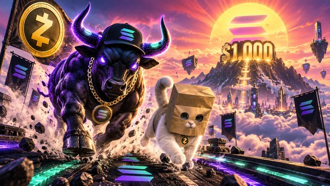 A muscular purple bull wearing a cap and gold chain charges alongside a cat with a paper bag over its head, set against a sunset backdrop featuring the Solana logo, the "$1,000" price target, and the text "$ZCAT," directly mirroring the post's bullish message that $SOL is heading to $1,000+ with $CURB and $ZCAT primed to "print zillionaires."