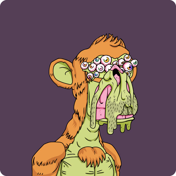 A cartoon illustration of an orange monkey with multiple bloodshot eyeballs covering its face and a green tongue lolling out against a purple background.