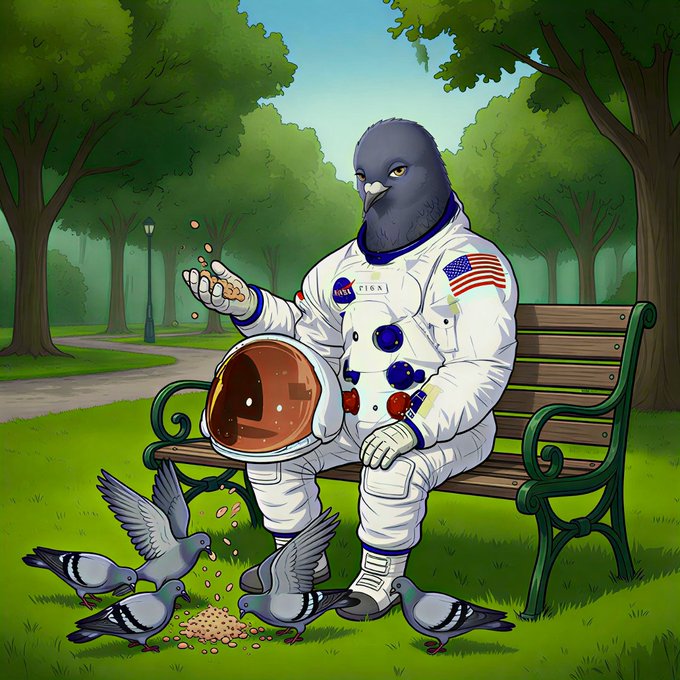 An illustration of a pigeon dressed as an astronaut in a NASA spacesuit sitting on a park bench feeding other pigeons seeds.