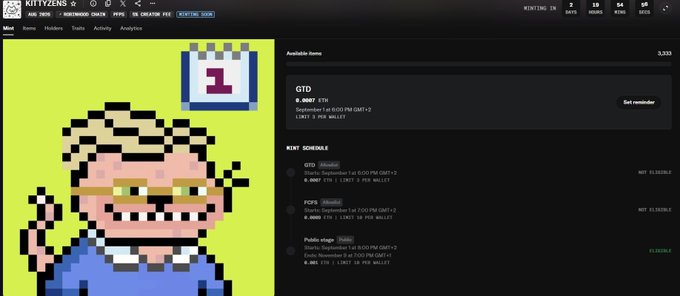 A screenshot of the KittyZens NFT marketplace displaying a pixelated zombie character with blonde hair and sunglasses as item #1, listed at 0.0087 ETH.