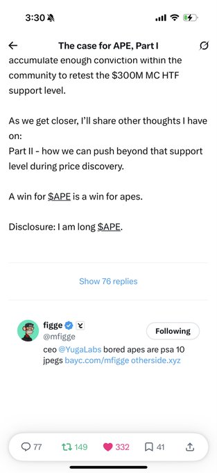 A Twitter/X post titled "The case for APE, Part I" discussing $300M MC support level for $APE, with a reply from @mfigge dismissing it as "psa 10 jpegs."