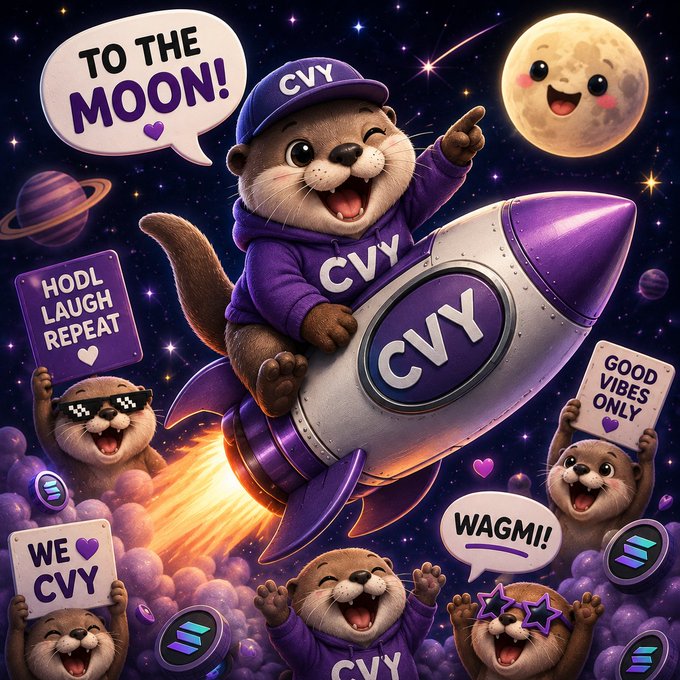 A vibrant cartoon illustration features an otter wearing a purple 'CVY' hoodie and cap, riding a rocket to the moon while other otters hold signs reading 'TO THE MOON!', 'HODL LAUGH REPEAT', 'GOOD VIBES ONLY', 'WAGMI!', and 'WE ❤️ CVY' against a starry space background.