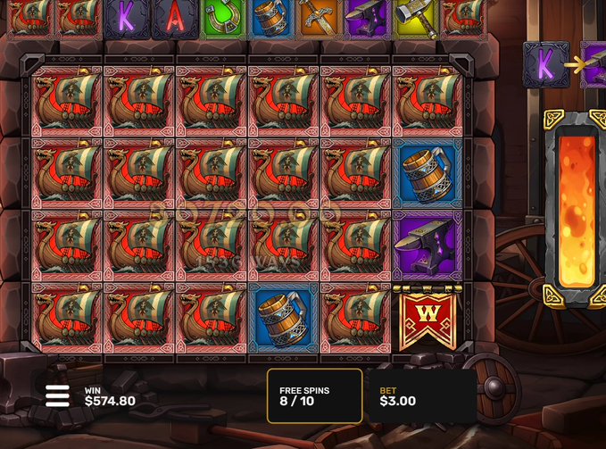 A screenshot of a Viking-themed slot machine game showing a win of $574.80 with 8/10 free spins remaining on a $3.00 bet, shared excitedly on social media to celebrate a big win from Valkyrie X Studio via Stake.