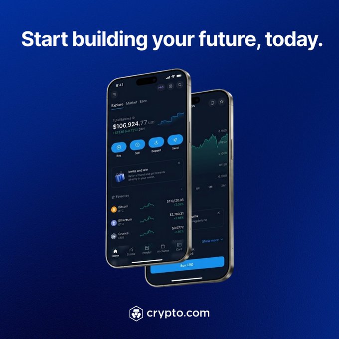A Crypto.com advertisement with the headline 'Start building your future, today,' showing a smartphone displaying a trading app interface with a balance of $106,924.77.