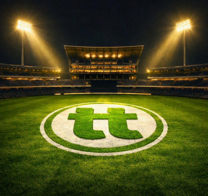 A stadium view at night with bright floodlights illuminating a green field that features a large white circle with a green 'H' logo in the center, representing Hull City.