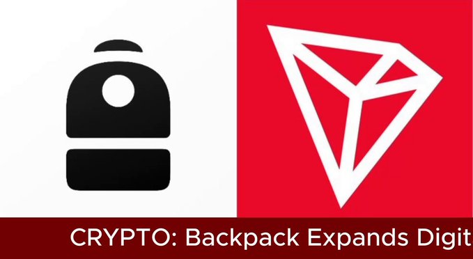 The image features the Backpack exchange logo (black backpack icon on white) alongside the TRON (TRX) diamond logo on a red background, with the headline "CRYPTO: Backpack Expands Digit..." indicating Backpack's launch of TRX trading. The graphic visually represents the post's announcement about TRX spot and futures trading now being available on the Backpack exchange platform.