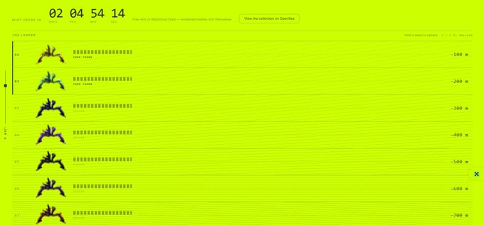 A bright green leaderboard displays a countdown timer at "02 04 54 14" above a ranking of pixel-art miners, with each entry showing an ID, hash-like code, token number, and points ranging from -100 to -700, illustrating the Hood Miners NFT collection on Robinhood Chain where each miner is an autonomous ERC-721 token designed to accumulate assets rather than serve as a static image.