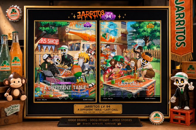 The image features a collection of two posters for the movie "Barritos", one depicting a scene from the film and another showing a cartoon character, possibly a monkey or a dog. The posters are displayed side by side with their respective titles at the bottom. The text in the image reads: "Collected both cards! @ChimpersHQ @Jarritos Art is". This suggests that someone has collected these two posters as part of a collection related to the movie "Barritos" or the cartoon character featured on one of the posters.