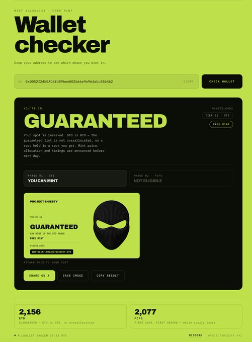 A 'Wallet checker' interface for Mint Allowlist showing 'GUARANTEED' status for GTD allocation (2,156 GTD) with the address 0x0052f24b0c65d890ee902b6e6e9b64bc88b4b2, and NOT ELIGIBLE for FCS.
