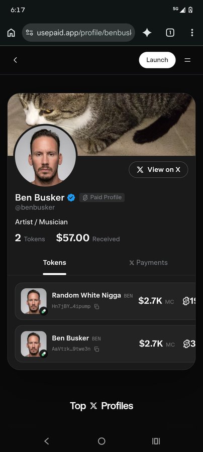Mobile screenshot of the usepaid.app profile page for Ben Busker (@benbusker), an Artist/Musician with 2 Tokens and $57.00 Received, showing token listings.