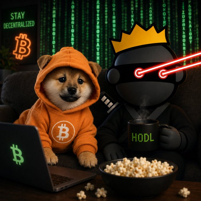 The image features a dog wearing an orange hoodie, sitting next to a laptop computer with a mouse pad underneath. A bowl of popcorn is placed nearby, suggesting that they are enjoying some snacks while working or browsing the internet together. The caption reads "$DOG IS THE WAY @LeonidasNFT", which could be interpreted as a reference to the popular meme about dogs being interested in computers and technology.
The image also includes a Bitcoin sign, indicating an interest in cryptocurrency among the people involved with the dog's activities.