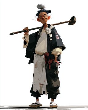 A character concept art illustration of an elderly man with a topknot, wearing a dark kimono over white clothing, and carrying a large wooden mallet over his shoulder.