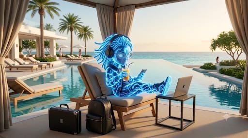 A digital illustration of a glowing blue holographic figure wearing headphones and holding a drink, relaxing on a lounge chair by a pool at a beachfront resort, with a laptop on a side table and luggage nearby.