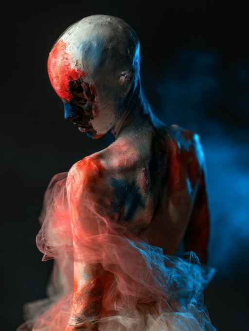 A bald, paint-smeared figure draped in sheer pink fabric is lit dramatically with red and blue against a dark background.
