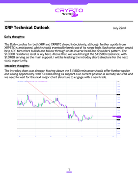 A Crypto VIP XRP Technical Outlook report dated July 22nd discussing XRP resistance levels around $1.10000 and intraday chart analysis.