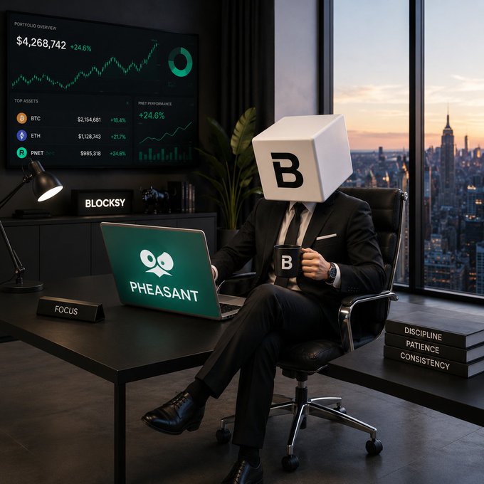 A suited figure with a blocky "B" head sits in a high-rise office, using a laptop displaying the "PHEASANT" logo while a portfolio dashboard shows holdings like BTC, ETH, and PNT ($995,318) with a total value of $4,268,742, alongside desk props labeled "BLOCKSY," "FOCUS," and stacked books reading "DISCIPLINE," "PATIENCE," and "CONSISTENCY."

The image visualizes the post's message about AI agents taking action in crypto, depicting Pheasant Network's cross-chain asset management capabilities through the active trading scene, the multi-asset portfolio (including $PNT), and the disciplined branding that frames autonomous execution as the next evolution of useful AI.