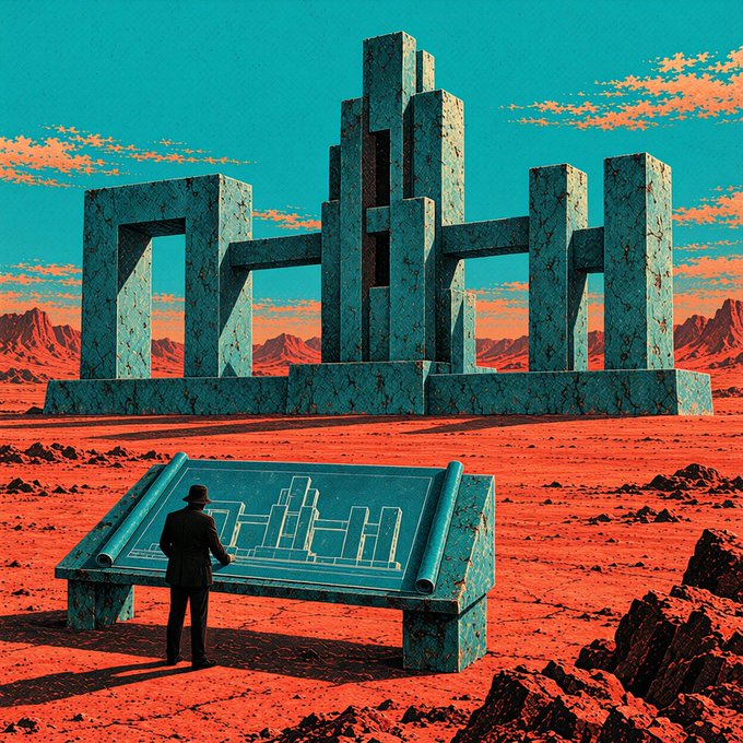 A lone figure in a hat studies a scroll-like blueprint before a monumental, blocky architectural structure rising from a red Martian landscape under a teal sky. The image mirrors the post's theme of translation and construction—much like SilverScript translating readable code into executable Kaspa covenants, the figure is translating abstract plans into a tangible, structured form.