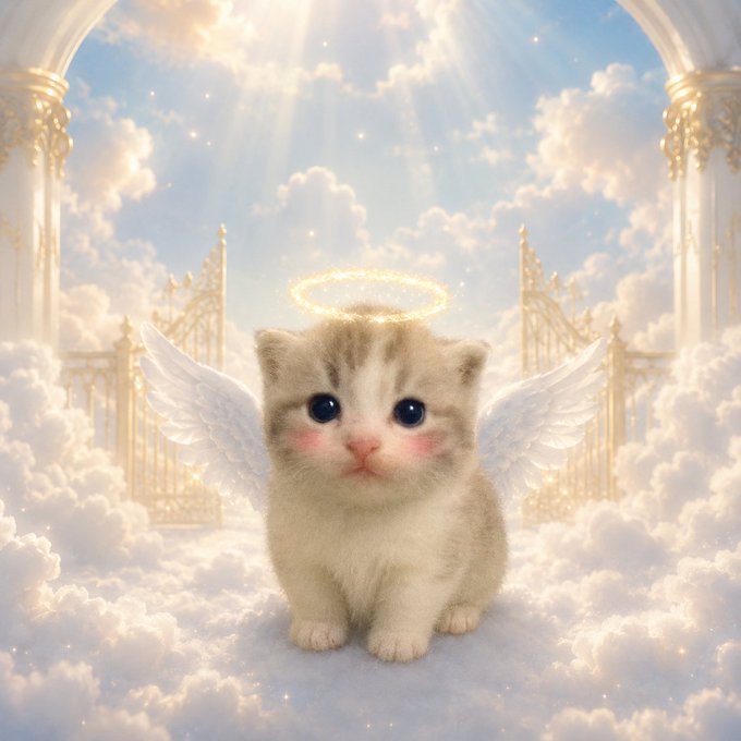 A digitally created image of an adorable kitten with white angel wings and a golden halo, sitting on clouds in a heavenly setting with ornate gates.