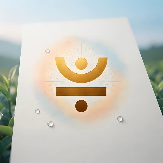 A glossy white card displays a golden geometric symbol—a small circle centered within a U-shaped crescent, sitting above a horizontal bar and a dot—surrounded by water droplets and a soft warm glow, set against a blurred green landscape. The radiant, sun-like emblem visually reinforces the post's theme of evolving DeFi yield generation, suggesting illumination and the emergence of new, productive capital strategies beyond traditional staking.
