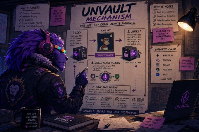 A furry character with headphones stands before a whiteboard explaining the 'UNVAULT MECHANISM' for cross-chain NFT unlocking, listing supported chains like Ethereum, Polygon, Solana, Arbitrum, and Base.