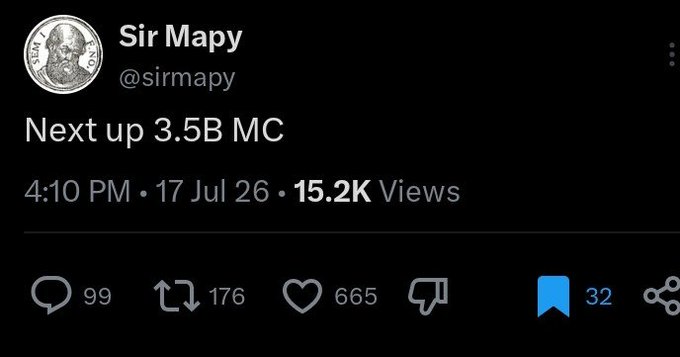 A screenshot of a tweet from Sir Mapy (@sirmapy) posted July 17, 2026, reading "Next up 3.5B MC," showing 15.2K views and 665 likes. The tweet aligns with the accompanying post referencing $WKC targeting a 3.5 billion market cap.