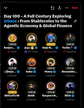 A Twitter Space titled 'Day 100 - A Full Century Exploring @base: From Stablecoins to the Agentic Economy & Global Finance' featuring speakers Sanjee..., Jojo, Gojo B..., and Yashu, along with several listeners.