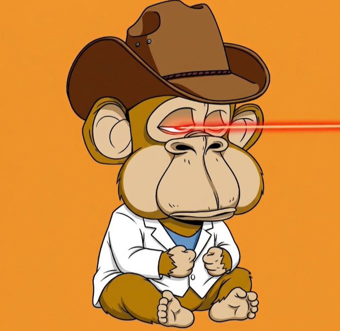 A cartoon monkey wearing a brown cowboy hat and white coat sits against an orange background, with glowing red laser beams shooting from its eyes.