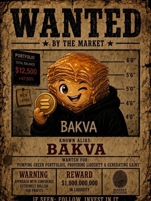 A stylized 'WANTED' poster featuring a cartoon honey-covered character named 'BAKVA' with a portfolio balance of $12,500 (+47.50%), offering a reward of $1,000,000,000 in liquidity for 'pumping green portfolios'.