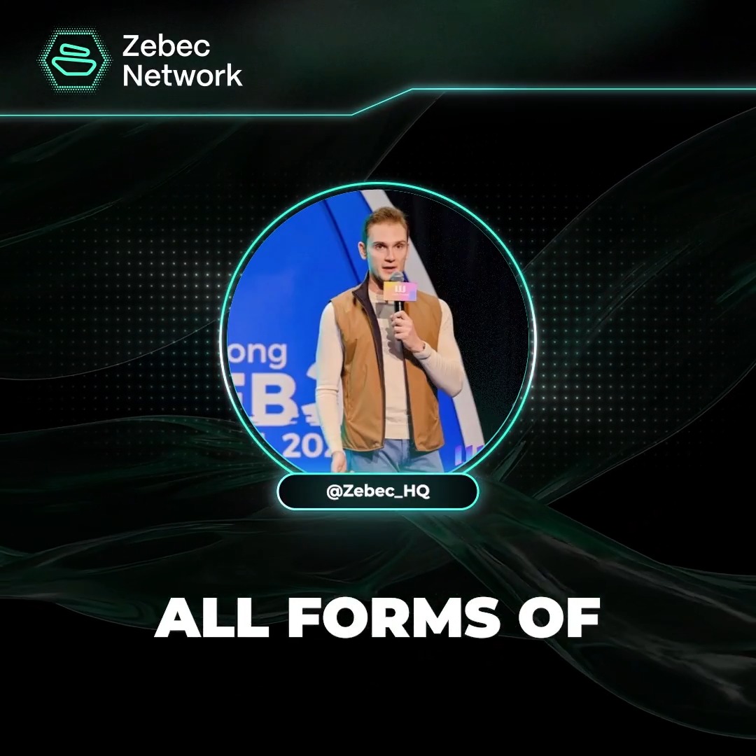 A Zebec Network promotional graphic featuring a circular frame with a man speaking into a microphone, labeled @Zebec_HQ with the text 'ALL FORMS OF' below.