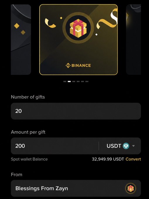 A Binance-themed gift distribution form shows 20 gifts of 200 USDT each, with a spot wallet balance of 32,949.99 USDT, titled "Blessings From Zayn." The image illustrates a giveaway campaign where the user is distributing 200 USDT to 20 people via Binance, aligning with the post's call for wallet submissions.