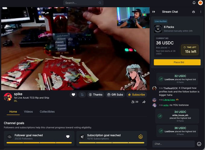 A Twitch live stream by 'spike' titled '1st Live Auction! TCG Rip and Ship IRL' showing a hand holding a card pack, with a live auction panel on the right for '6 Packs' at 36 USDC and channel goals for followers and subscriptions.