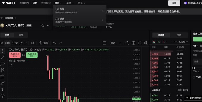 Trading chart interface showing XAUT/USDTO token with price around 4,381.6, displaying candlestick data and order book details on the NADO exchange platform.