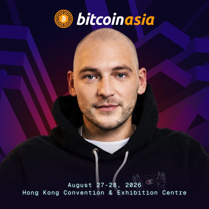 A promotional graphic for 'bitcoin asia' featuring a photo of a bald man in a black hoodie against a purple patterned background, with event details reading 'August 27-28, 2026 Hong Kong Convention & Exhibition Centre'.