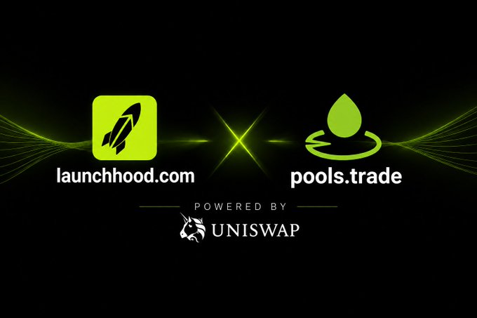 A promotional graphic featuring the launchhood.com and pools.trade logos side by side, separated by an "x" symbol and displayed above "POWERED BY UNISWAP" text, highlighting a partnership between the two platforms for launching the $STARMIND AI1 token.