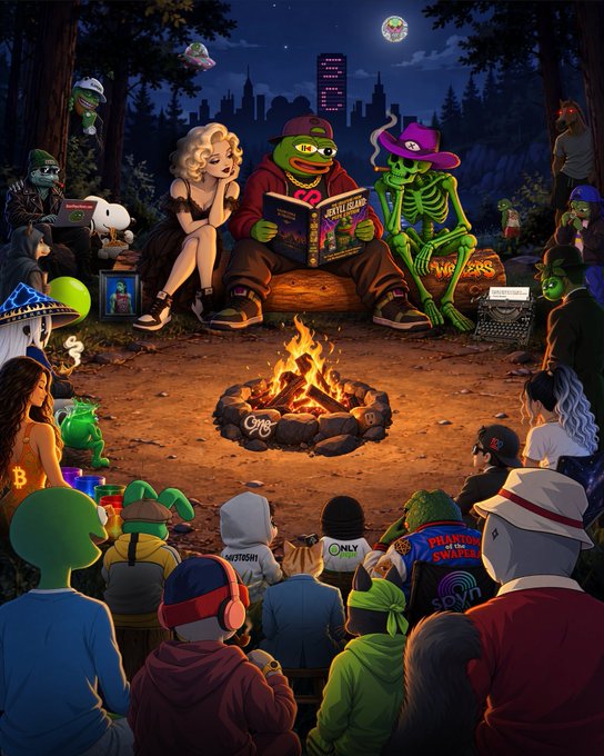 A vibrant illustration depicts a nighttime campfire scene with various characters including a Marilyn Monroe lookalike, a Pepe the Frog reading a 'YEAYLIUM' magazine, a green skeleton in a cowboy hat, and other creatures gathered around the fire while diverse onlookers watch.