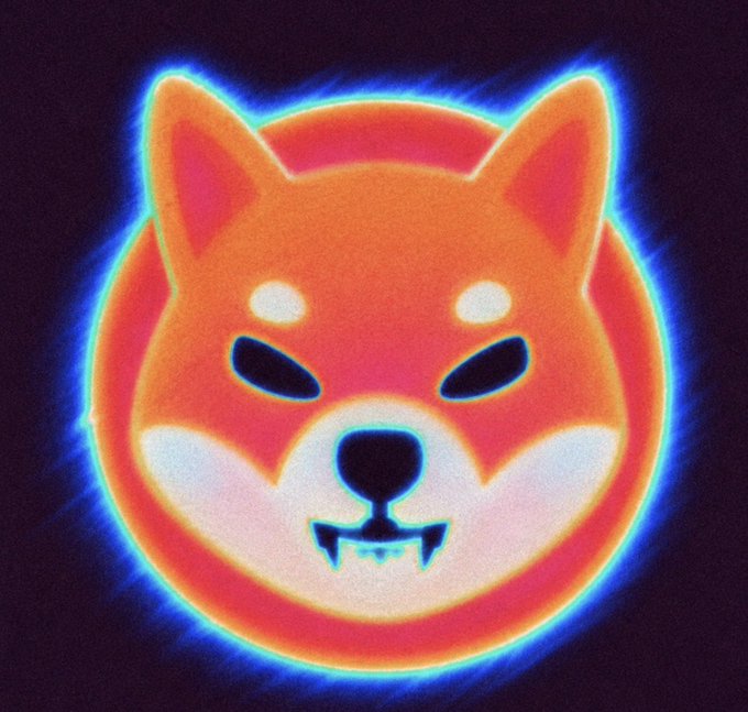 A neon-style digital illustration of an orange Shiba Inu-like dog face with an eerie smile, surrounded by glowing blue energy against a dark background.