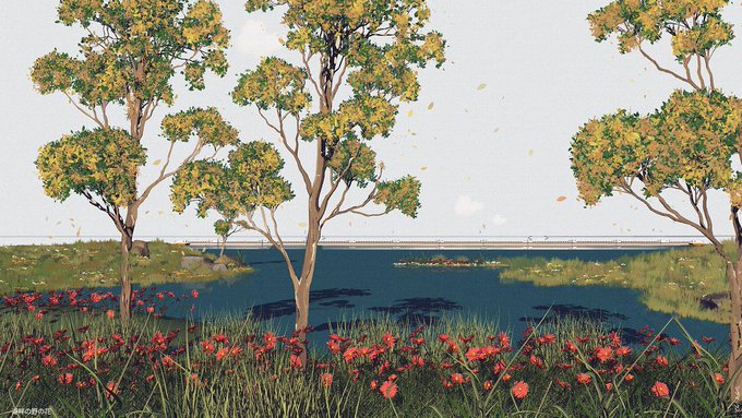 A digital illustration shows a landscape with green trees, a field of red flowers in the foreground, a body of water, and a bridge in the distance under a pale sky.