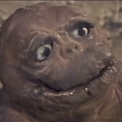 A close-up image of the character E.T. from the movie E.T. the Extra-Terrestrial, showing his wrinkled brown face and large, expressive eyes.
